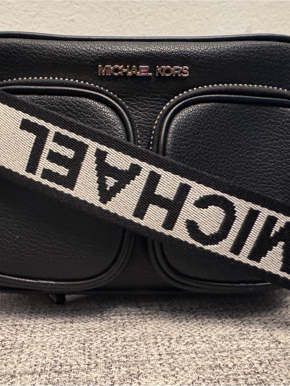 Michael Kors Black Leather Crossbody with White and Black Logo Strap